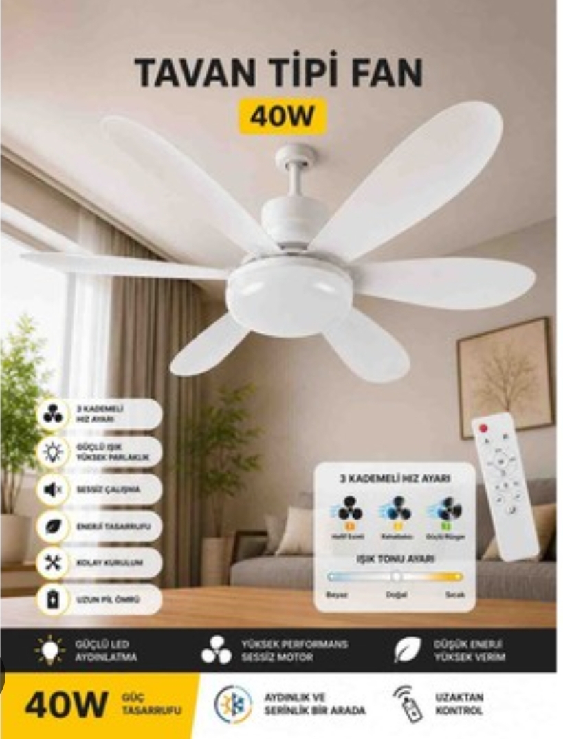 VENTUS TAVAN TİPİ KUMANDALI FAN ve LED AYDINLATMA 40W